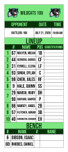 Light green 10U lineup card with panther head logos, opponent, date and time, ten-spot batting order with a DH-pitcher pair, and bench