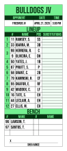 Narrow light green JV lineup card with twelve-spot batting order, catcher and DH sharing third, extra hitters, bench and signature line