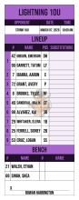 Lavender purple 10U lineup card with cartoon turkey batter watermark, DH and left fielder sharing the leadoff spot, bench and signature line