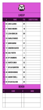 Magenta lineup card with a bulldog mascot logo and no title, twelve-spot batting order with a DH-pitcher pair and an empty bench