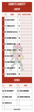 Extra-tall red varsity lineup card with a faded cartoon player watermark, nine-spot batting order with a shared seventh spot, bench and signature