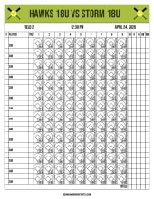 Lime green 18U score sheet with crossed bats icons, a field, time and date row, 14 hitter rows across 9 innings and totals