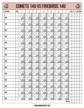 Pink 14U score sheet with Santa batter icons, 14 hitter rows with subs across 7 innings of diamond boxes and totals columns