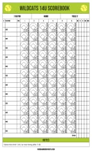 Tall lime green 14U scorebook page with a time and field row, 12 hitter rows across 6 innings, totals and a notes section