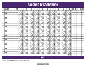 Landscape purple JV scorebook page with 10 hitter rows across 10 innings of diamond boxes, totals columns and a notes section