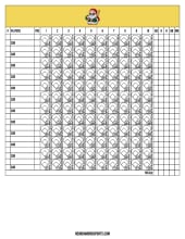 Score sheet with a yellow header and Santa batter logo, 12 hitter rows across 10 innings of diamond boxes and totals columns