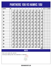 Royal blue 10U score sheet with 12 hitter rows across 10 innings, totals columns and a notes section with a faint watermark