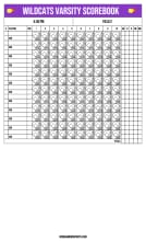 Tall purple varsity scorebook page with flaming ball logos, a time and field row, 12 hitter rows across 10 innings and totals