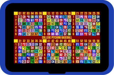 Blue wristband holder showing a college baseball pitch-calling card with six six-by-six numbered grids of color-coded pitch codes on maroon