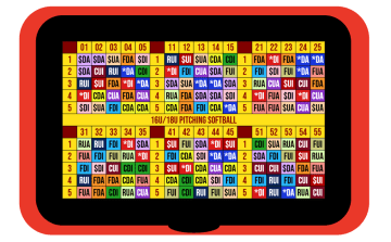 Red wristband holder showing a 16U/18U softball pitch-calling card with six numbered grids of color-coded pitch codes and a yellow title bar