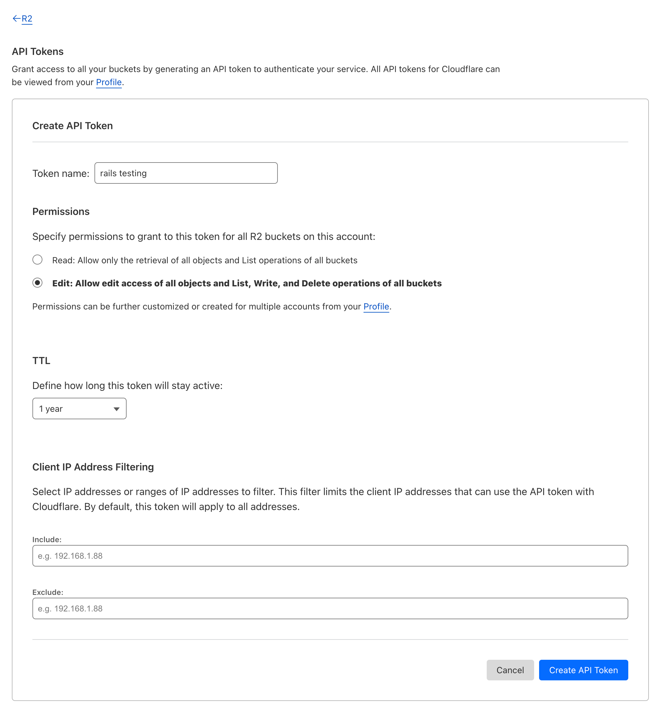 Cloudflare R2 Create API Token