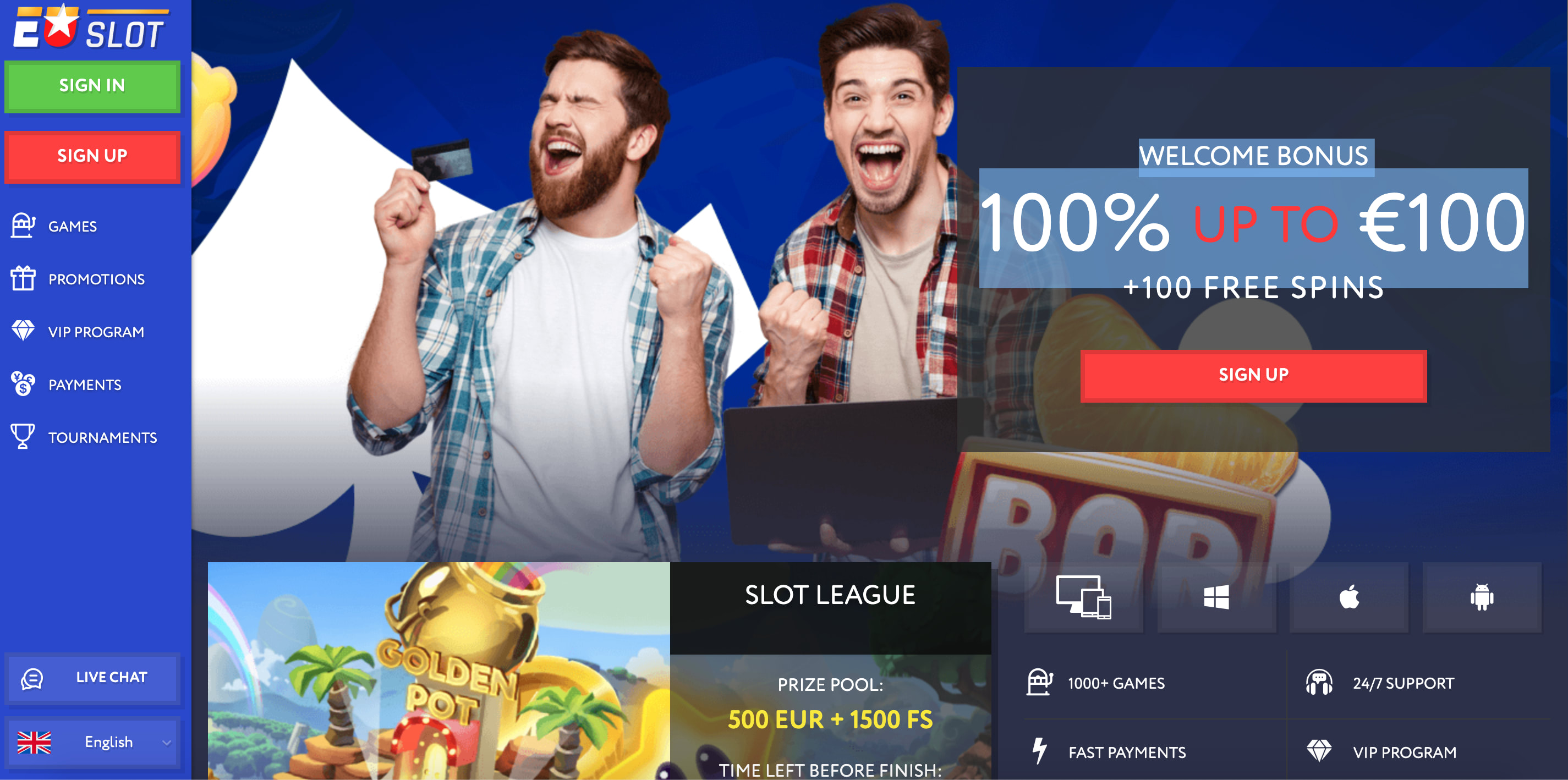 Forsiden online casino EUslot Gennemgå hovedsiden af online casino EUslot.com