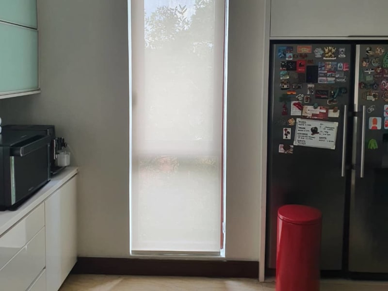 cream sunscreen roller blinds lowered over a tall narrow kitchen window, trees and greenery visible through the mesh weave