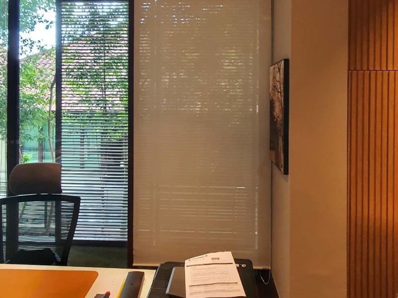 gray sunscreen roller blinds lowered beside a glass door, trees and a rooftop visible through the mesh weave