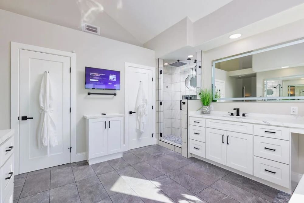 Relax in luxury in this  serene, intimate spa style master bath over looking California's Beautiful Lake Mission Viejo. With soothing rain drop shower.
Double walk in large closet