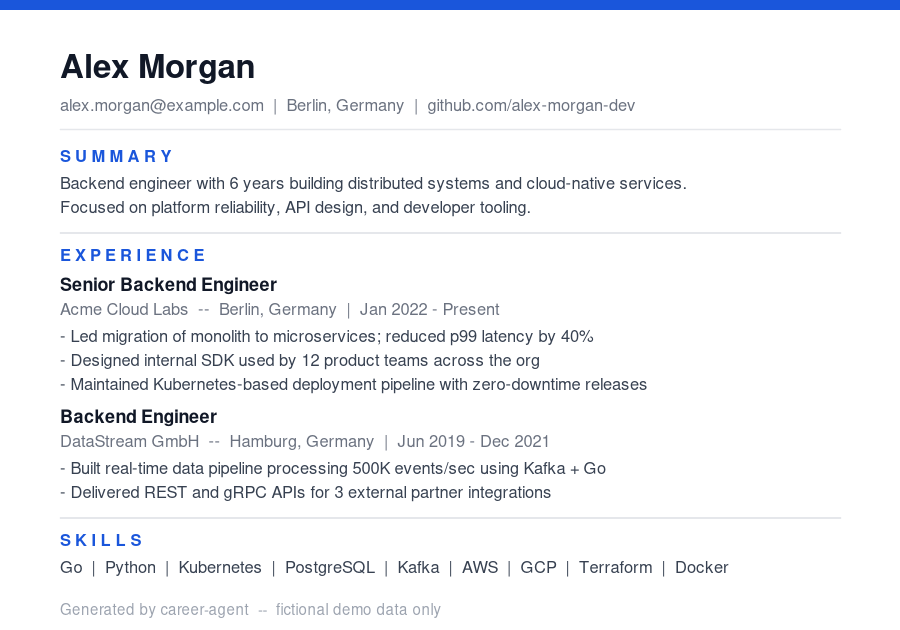 Generated CV for demo role - tailored summary and matching skills highlighted
