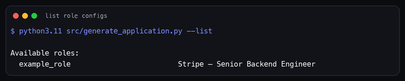 Terminal: listing the local example role config before generating application files
