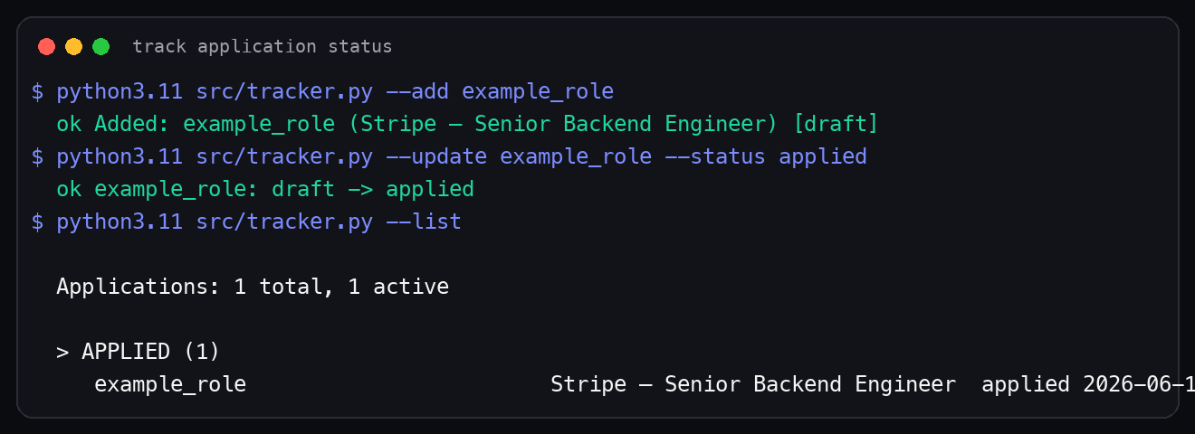 Terminal: tracker adds the role, marks it applied, and lists the current pipeline