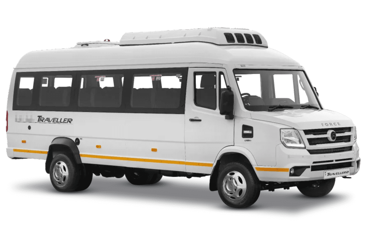 Force Tempo Traveller group tourist minibus featuring high roofline, roof-mounted climate control AC, and wide panoramic windows.