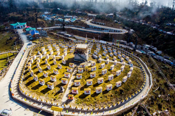 Agricultural terraces and pine-forested slopes overlooking mountain valleys of West Kameng