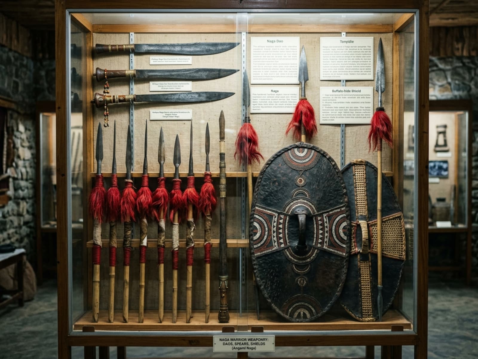 Museum glass case containing steel dao broadswords, red goat hair bamboo spears, and buffalo hide shields.