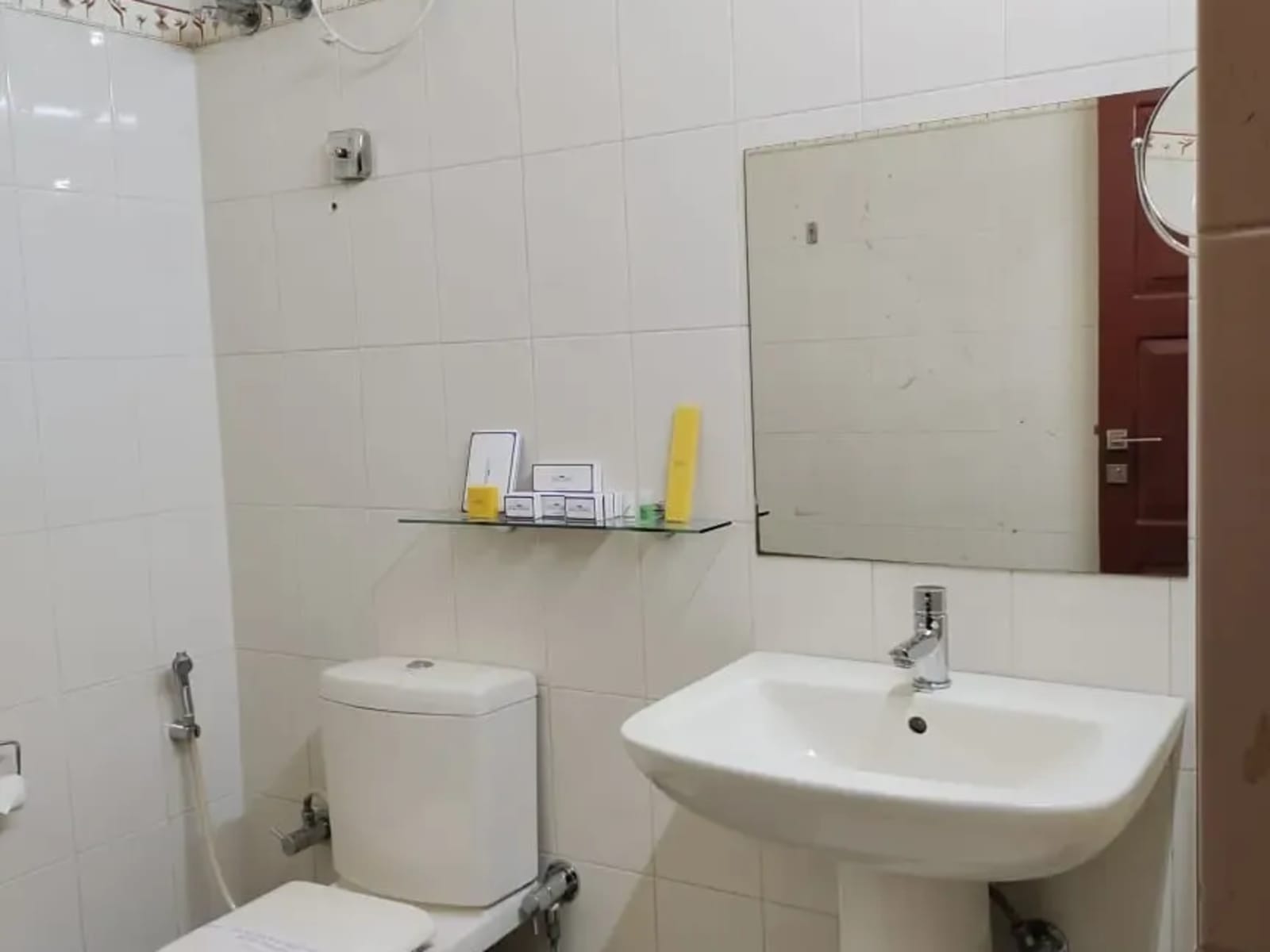 Private bathroom with porcelain pedestal sink, mirror, toilet, wall geyser, and glass shelf amenity kit.