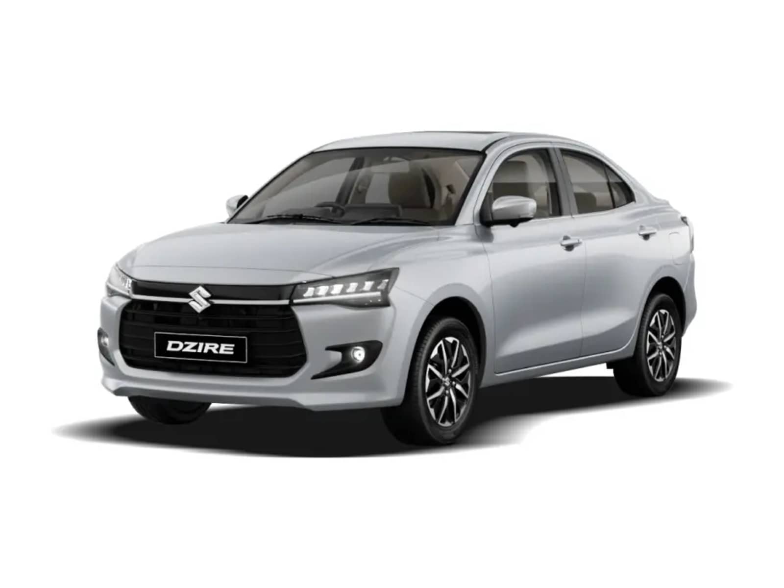 Maruti Suzuki Dzire compact sedan showcasing multi-slat black grille, LED headlights, and aerodynamic styling.