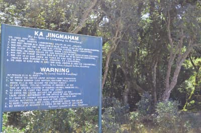 Blue metal warning board at Law Kyntang entry detailing Khasi tribal custom restrictions and eco-rules.