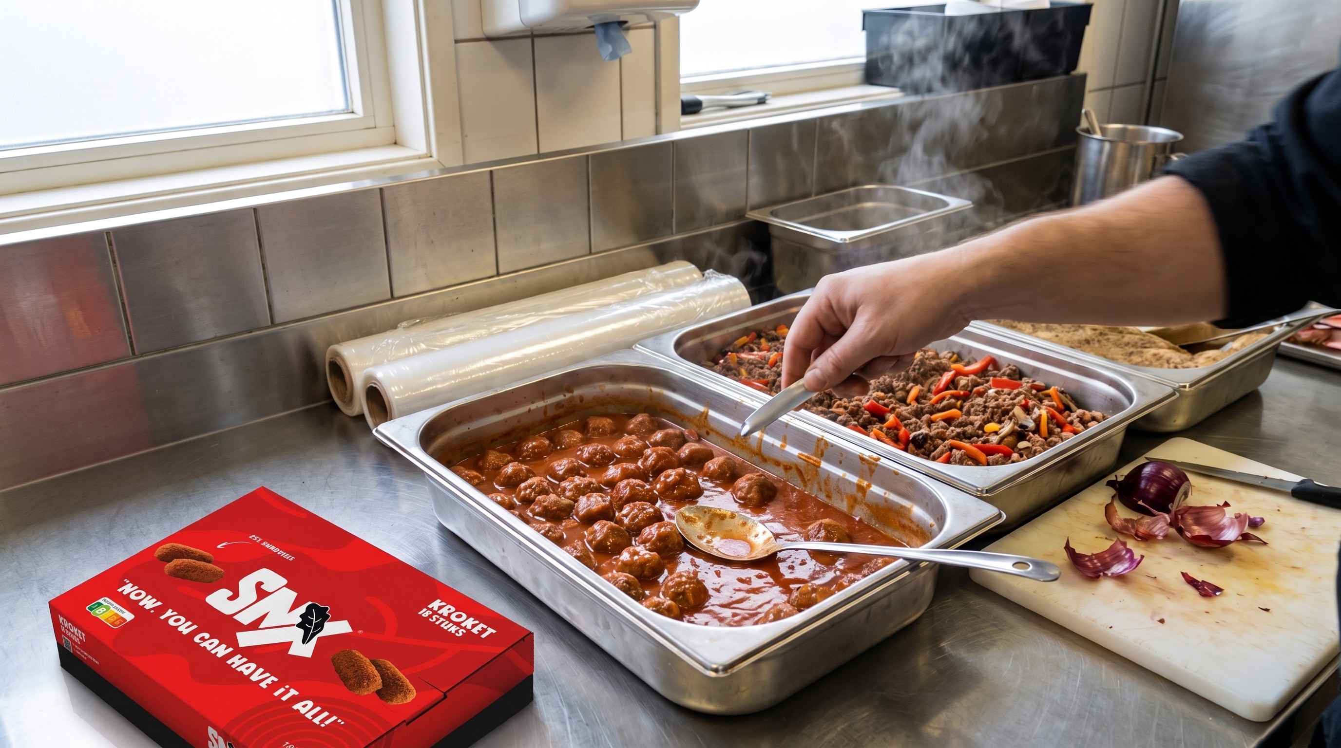 Buffet met voorgegaarde SNX gehaktballen en rul gehakt, met SNX verpakkingen