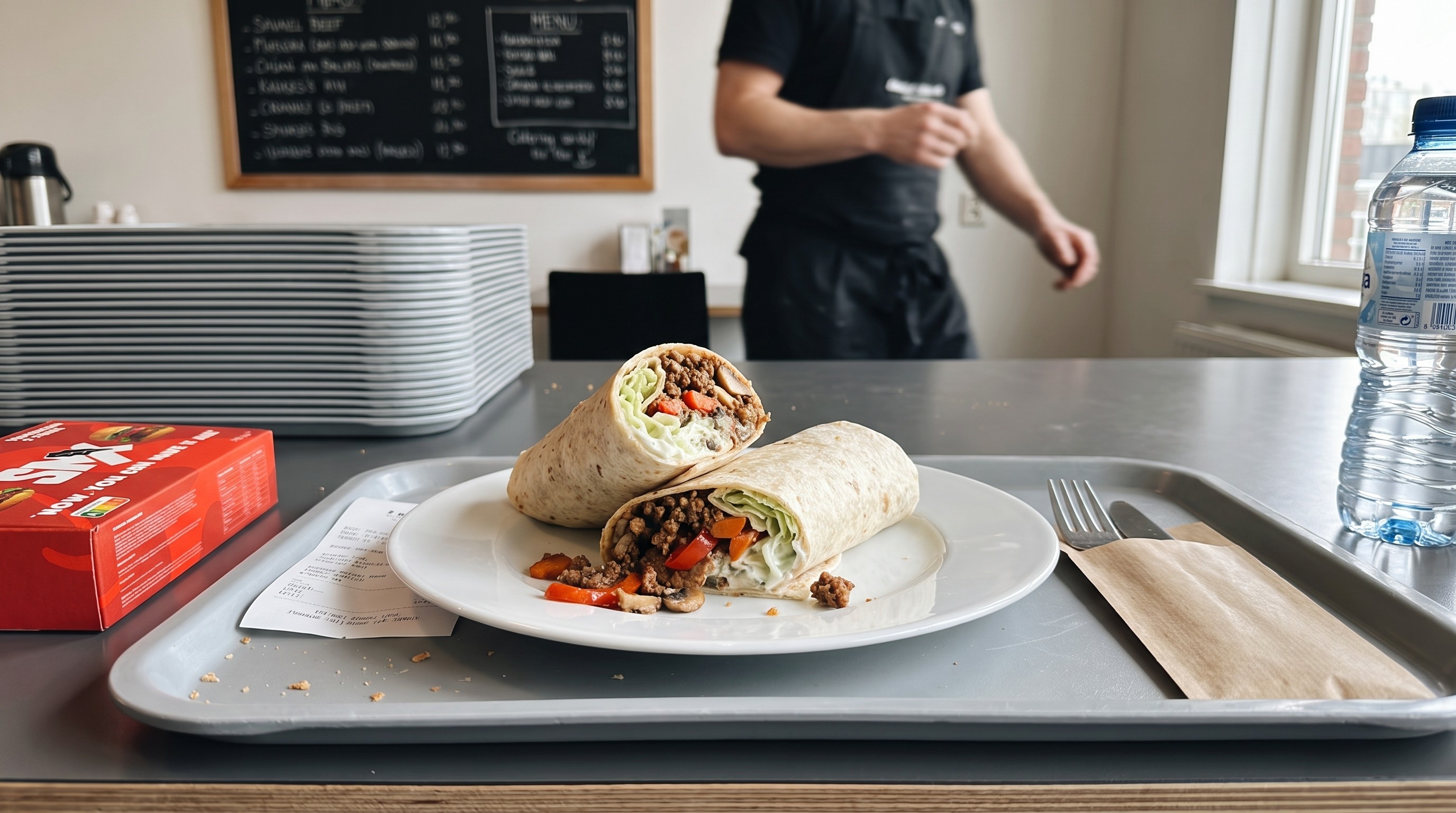 Wraps gevuld met SNX hybride gehakt in een bedrijfsrestaurant, met SNX verpakking