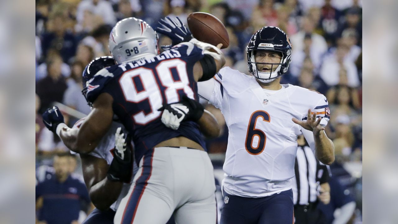 New England Patriots V'Angelo Bentley (9) tries to elude Chicago Bears'  Jacquizz Rodgers (35) during a kick return during the first half of a  preseason NFL football game Thursday, Aug. 18, 2016