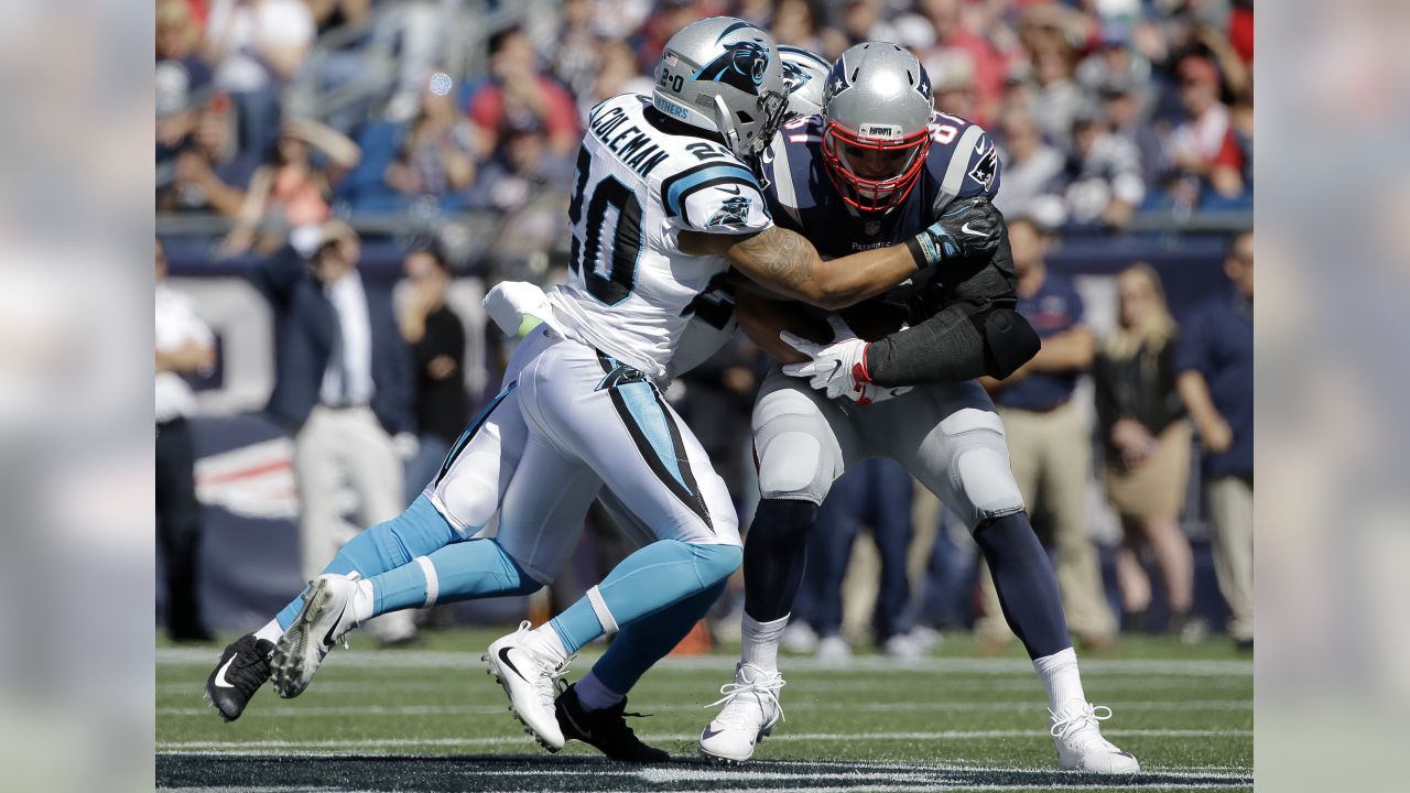 Carolina Panthers running back Fozzy Whittaker, foreground, celebrates his  touchdown against the New England Patriots with Christian McCaffrey, left,  during the first half of an NFL football game, …