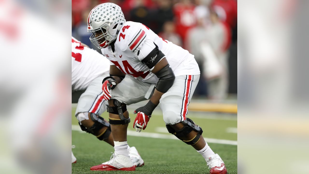 Ohio State offensive lineman Jamarco Jones (74) gets set for a play during the first half of an NCAA college football game against Iowa, Saturday, Nov. 4, 2017, in Iowa City, Iowa. (AP Photo/Charlie Neibergall)