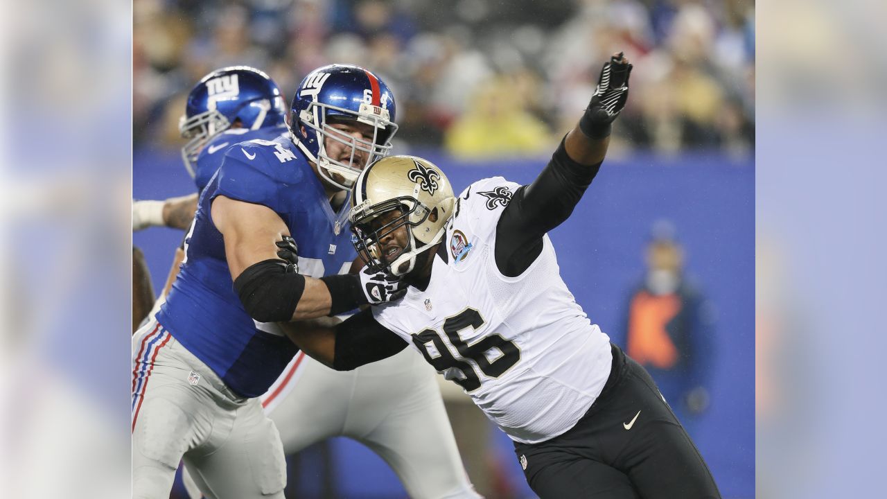 New Orleans Saints defensive tackle Tom Johnson (96) in action against the New York Giants at MetLife Stadium in East Rutherford, NJ, December 9, 2012. New York defeated New Orleans 52-27. (AP Photo/Damian Strohmeyer)