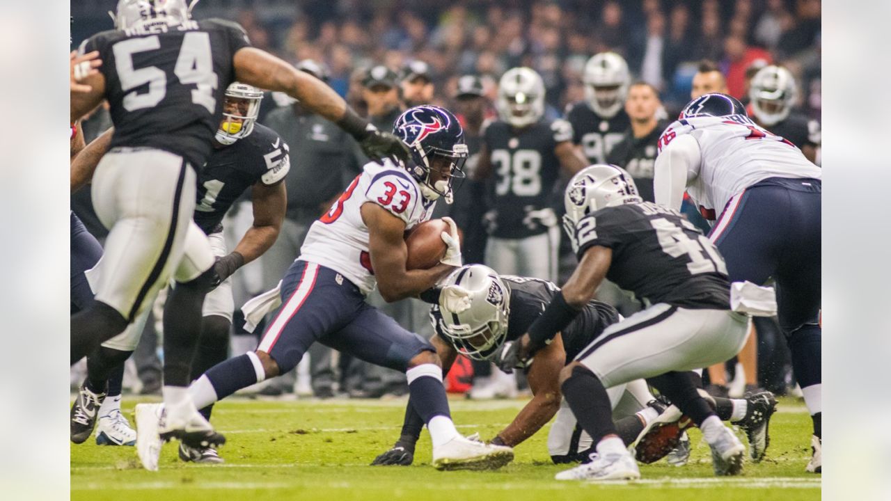 Oakland Raiders Reggie Nelson (27) celebrates intercepting pass