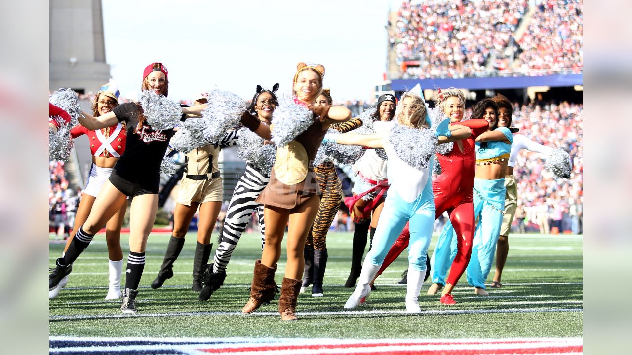 New England Patriot cheerleaders in Halloween costume at Gillette