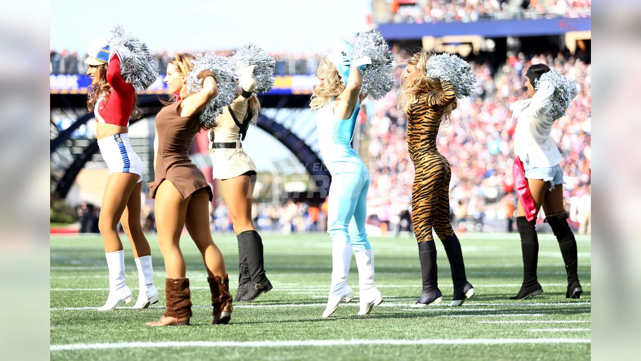 New England Patriot cheerleaders in Halloween costume at Gillette