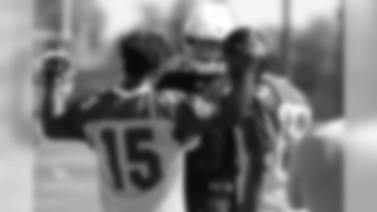 WR Jeremy Ross (15) discussing a play with QB Carson Palmer