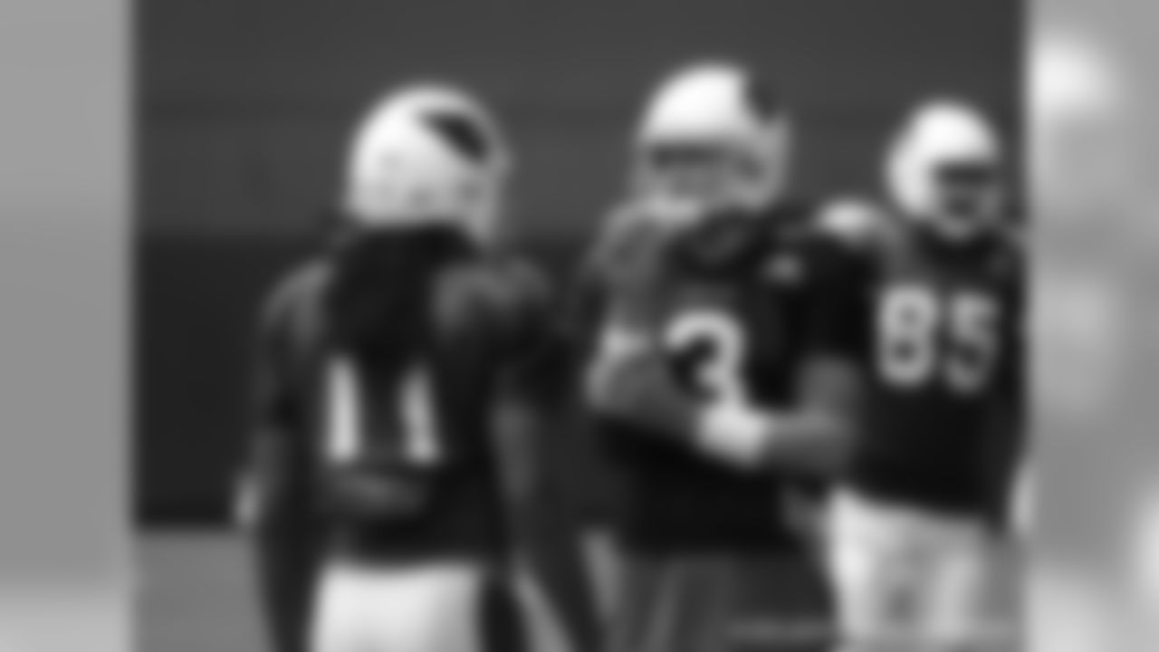 QB Carson Palmer discusses a play with WR Larry Fitzgerald