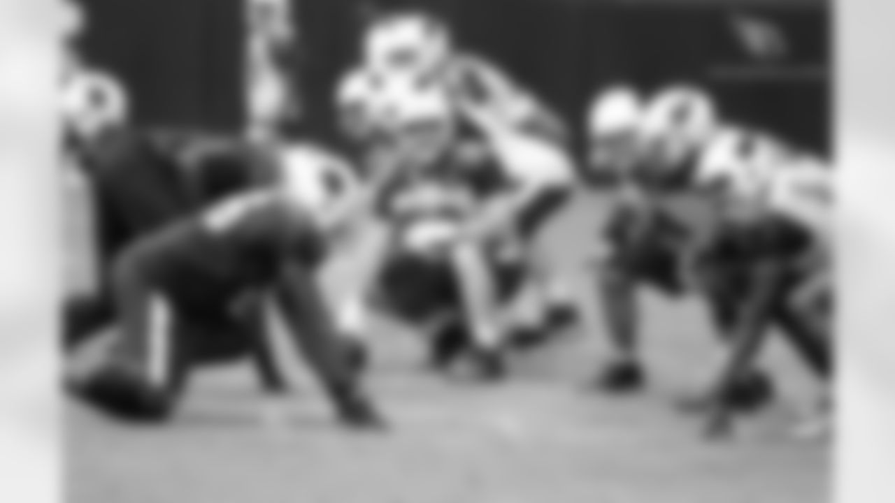 C Evan Boehm at the line of scrimmage