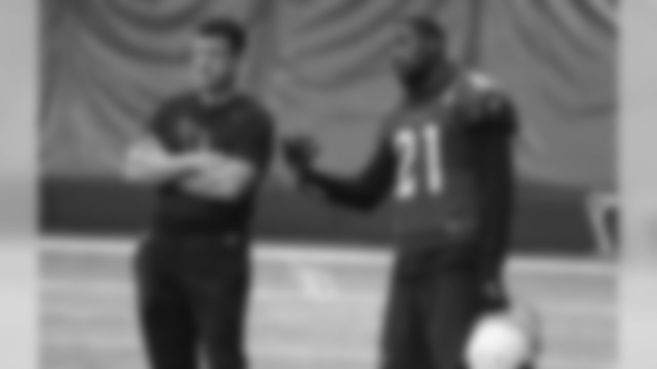 CB Patrick Peterson talks with defensive backs coach Nick Rapone
