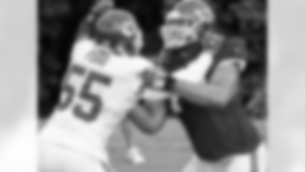Kansas City Chiefs linebacker Dee Ford (55) and offensive lineman Jah Reid (75) block one another at practice on the fourth day of training camp on Mosaic Life Care Field at the campus of Missouri Western State University on Tuesday, August 2, 2016.