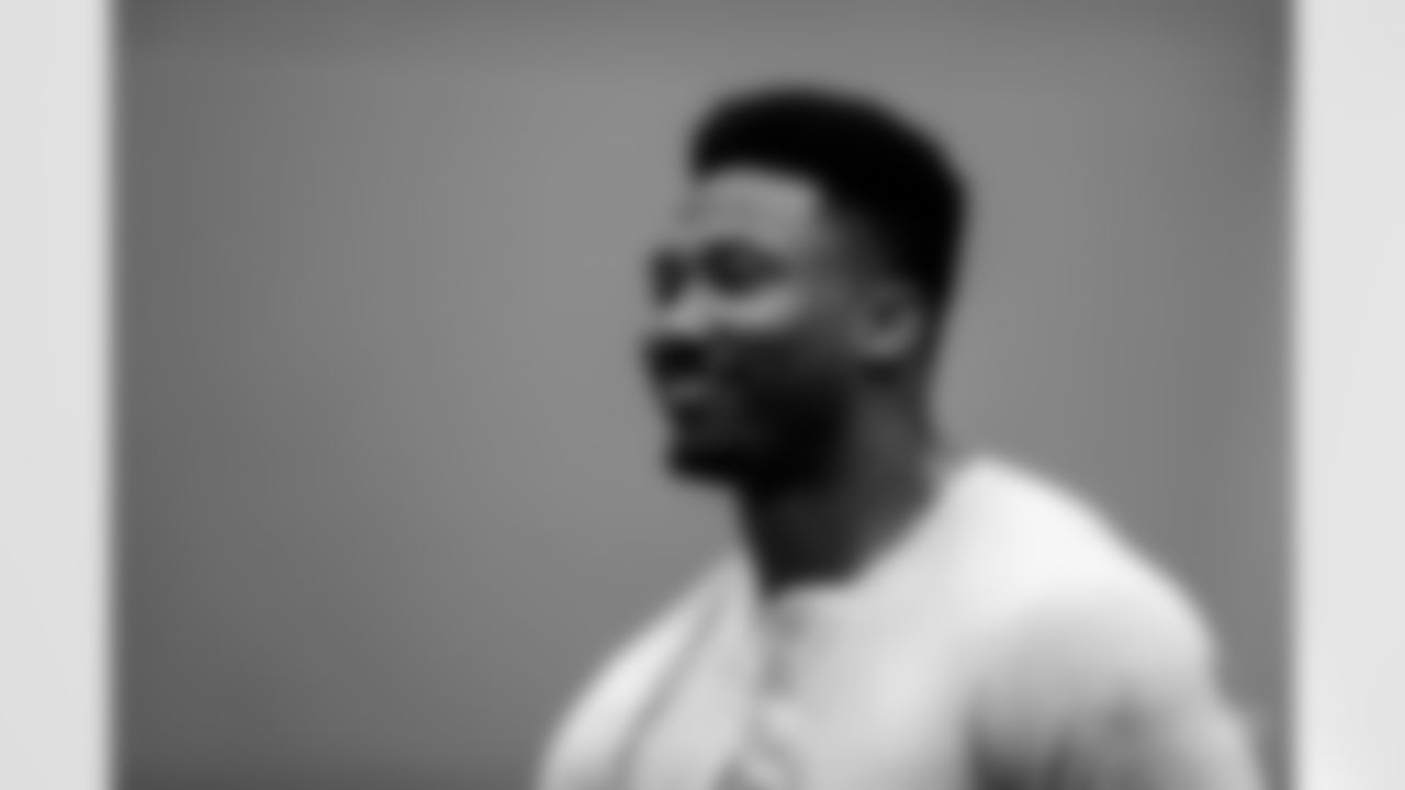 Former Texas A&M University Aggies and Cleveland Browns defensive end Myles Garrett (95) looks on during Texas A&M Pro Day at the NCAA football team's indoor training facility on Tuesday, March 27, 2018 in College Station, Texas. (Aaron M. Sprecher via AP)
