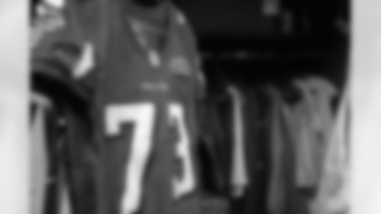 T Ryan Schraeder's game jersey hangs at his locker