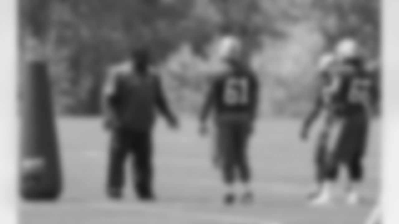 DL Coach Pepper Johnson, DL Deon Simon (61) and Leonard Williams (62)