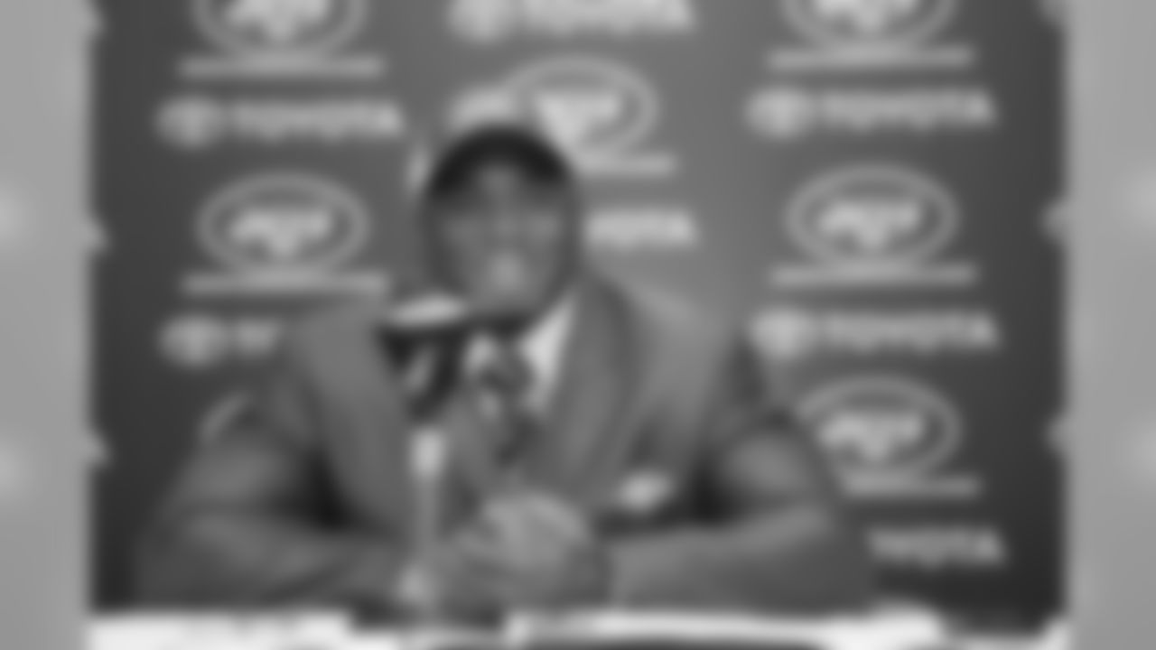 Gholston enjoys a reporter's question in the Jets media room