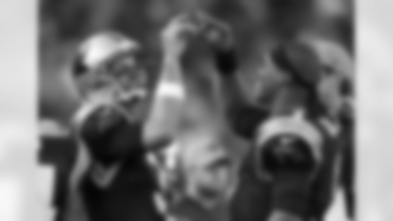Carolina Panthers quarterbacks Derek Anderson, left, and Cam Newton celebrate after Anderson's touchdown pass during the first half of an NFL preseason football game against the Baltimore Ravens, Thursday, Aug. 11, 2016, in Baltimore. (AP Photo/Gail Burton)