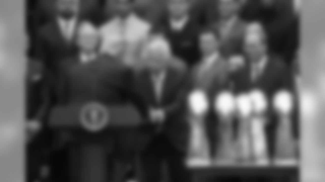 President Donald Trump shakes hands with New England Patriots owner Robert Kraft during a ceremony on the South Lawn of the White House in Washington, Wednesday, April 19, 2017, where the president honored the Super Bowl Champion New England Patriots for their Super Bowl LI victory. (AP Photo/Andrew Harnik)