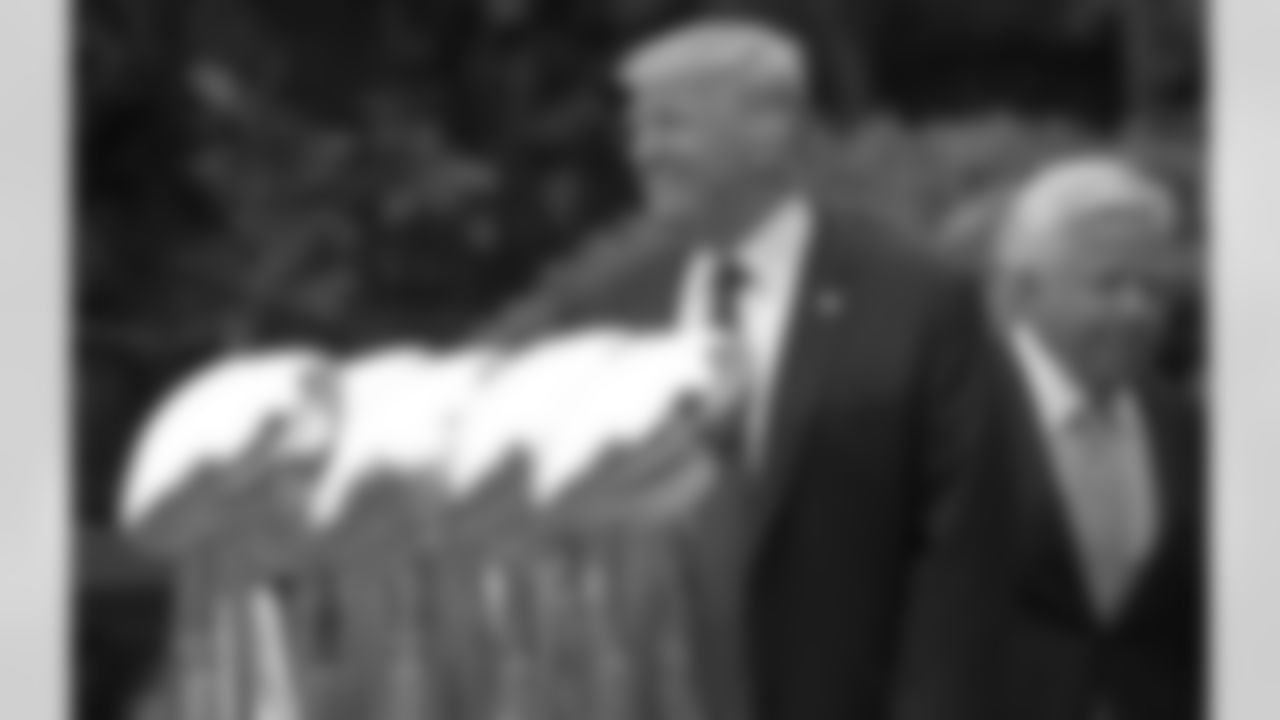 President Donald Trump, followed by New England Patriots owner Robert Kraft, arrives to speak during a ceremony on the South Lawn of the White House in Washington, Wednesday, April 19, 2017, where the president honored the Super Bowl Champion New England Patriots for their Super Bowl LI victory. (AP Photo/Susan Walsh)