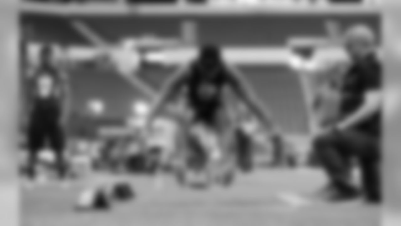 Alabama defensive back Cyrus Jones participates in the broad jump during the 2016 NFL Scouting Combine on Monday, Feb. 29, 2016 in Indianapolis. (Perry Knotts via AP)